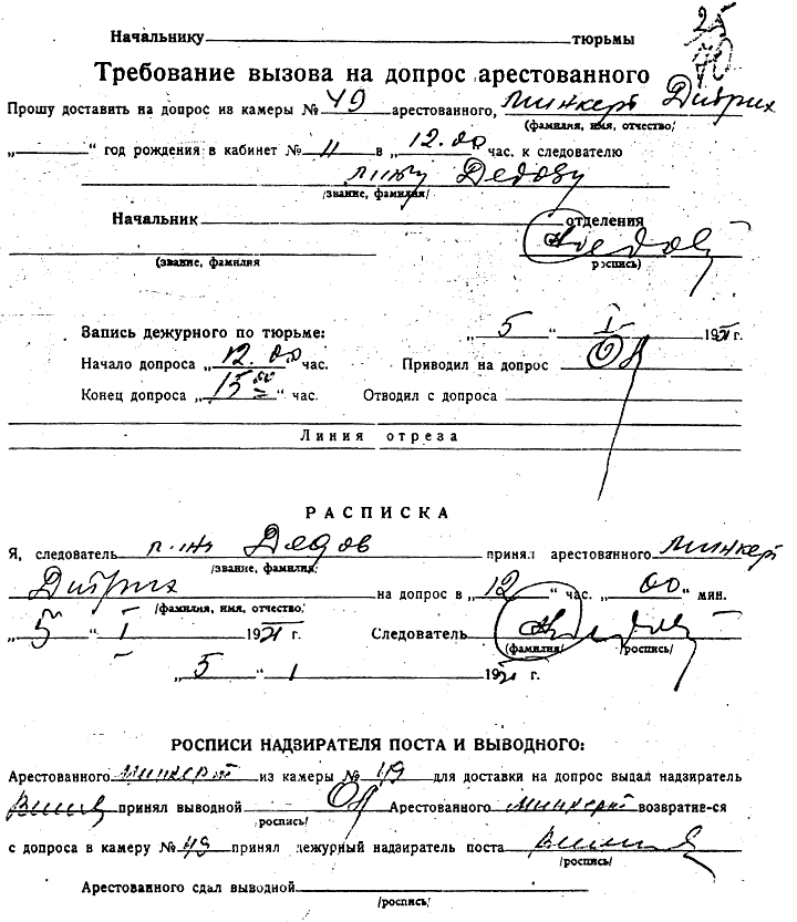 Anforderung zum Verhör, 5.1.1951